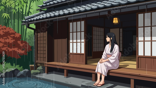 Vector illustration of a Japanese woman sitting on a veranda enjoying rain, peaceful traditional lifestyle moment