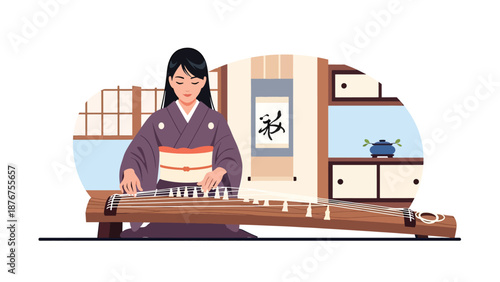 Vector illustration of a Japanese woman playing koto in a quiet room, traditional string music and cultural performance activity