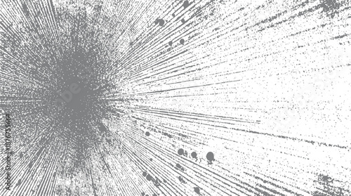 Radial abstract pattern with sharp lines and scattered dots emanating from a central point creating a burst or explosion effect in grayscale