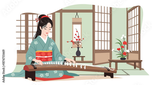 Vector illustration of a Japanese woman playing koto in a quiet room, traditional string music and cultural performance activity