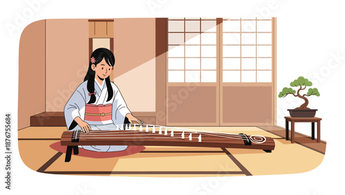 Vector illustration of a Japanese woman playing koto in a quiet room, traditional string music and cultural performance activity