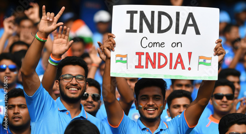 Passionate Indian Sports Fans Cheering with "Come on INDIA!" Sign © Niks Ads