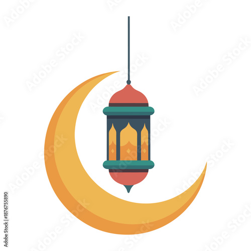 Ramadan Lantern: A colorful lantern gracefully suspended before a crescent moon, radiating light and warmth in a serene composition, perfect for the holy month of Ramadan.