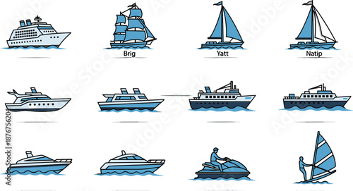 Water Transportation Vector Icon Set with Ships and Boats Variety.