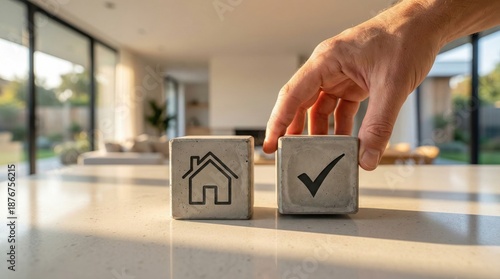 Hand placing house and check mark concrete blocks on table,representing homeownership,real estate decision making,approval or mortgage validation