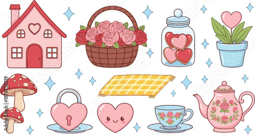 Cute romantic home and love elements set with hearts flowers and teapot flat vector illustration design