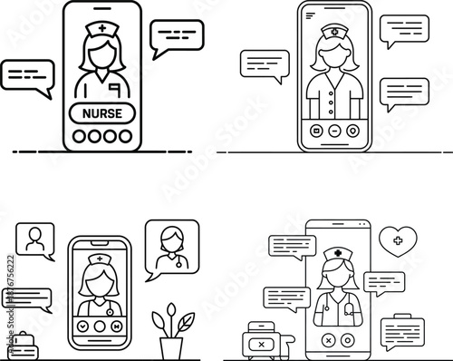 Telemedicine Nurse Consultation Mobile App Line Art Illustration