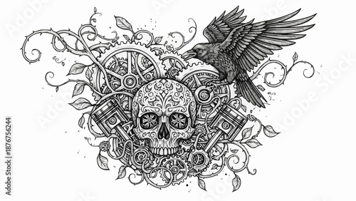 skull with wings and flowers