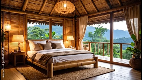 Cozy bedroom interior with wooden decor and scenic mountain view