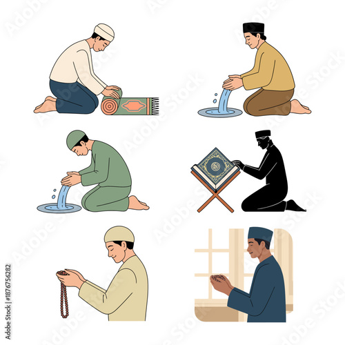 Islamic Worship in Illustrations: A comprehensive illustrated sequence depicting the ritual practices of Islam, including ablution, prayer, and recitation of the Quran, conveying themes of faith.