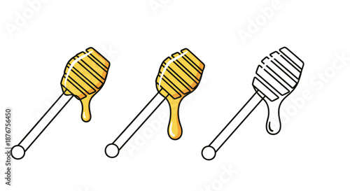Three wooden honey dipper sticks with golden honey dripping down in different color and outline styles on white.