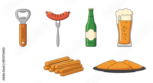 Selection of bar snacks and drinks including a beer bottle, foaming glass, sausage on a fork, and hot dog sausages.