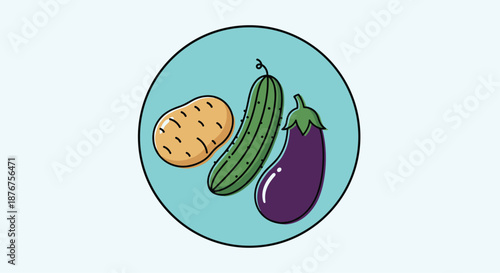 Group of three fresh vegetables including a whole potato, green cucumber, and purple eggplant on a blue background.