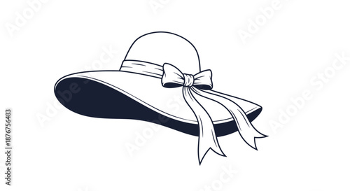 Elegant wide brimmed white sun hat with a large ribbon bow shown in a black and white fashion accessory illustration.