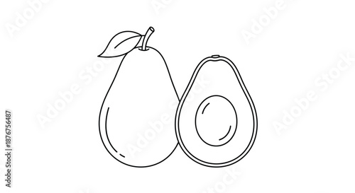 Simple black and white line drawing of a whole avocado with a leaf and a halved avocado with pit on white background.