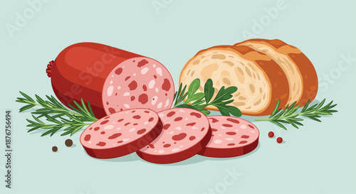 Delicious deli meat appetizer featuring sliced salami sausage served with fresh crusty bread and sprigs of green rosemary.