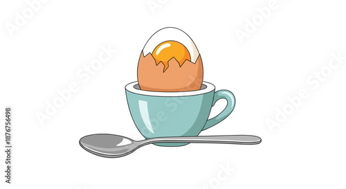 Soft boiled egg served in a light blue ceramic egg cup with a metal spoon resting in front on a clean white background.