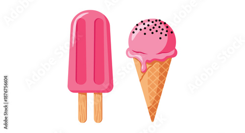 Sweet summer treats featuring a bright pink double popsicle alongside a matching scoop of pink ice cream in a waffle cone.