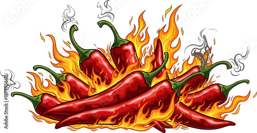 Red Hot Chili Peppers with Flames and Smoke Vector Illustration