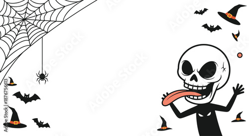 Playful halloween background featuring a cartoon skeleton with its tongue out surrounded by flying bats and witch hats.
