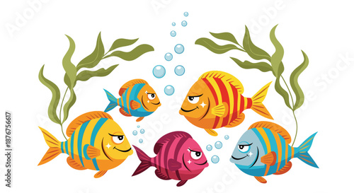 Group of five colorful tropical fish swimming together among green seaweed and rising air bubbles in an underwater scene.