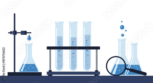 Arrangement of laboratory glassware including beakers and test tubes filled with blue liquid and bubbles on a dark table.