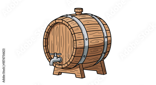 Traditional wooden barrel for wine or beer resting on a small stand with a silver metal tap on its front side.