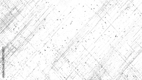 Overlapping diagonal lines and fine scratches on a white background with scattered gray speckles forming a complex abstract texture
