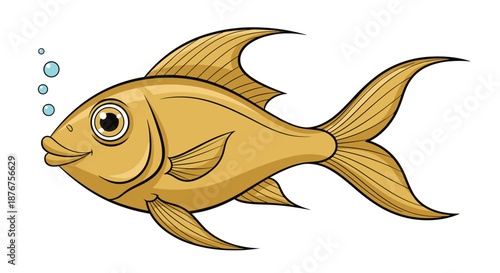 Friendly golden fish with large eyes and long fins swimming toward the left with several air bubbles above its head.