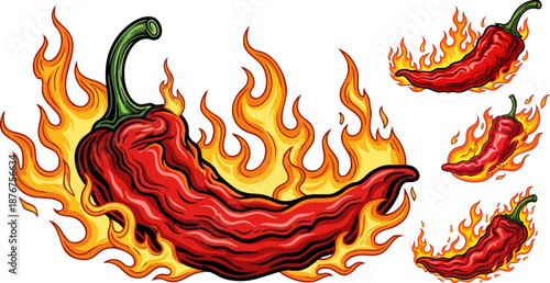 Set of Red Chili Peppers with Flames Vector Illustration