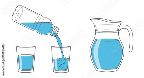 Refreshing water being poured from a plastic bottle into a glass alongside a full clear pitcher on a white background.