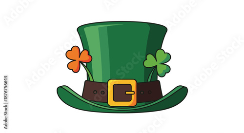Traditional green leprechaun hat for Saint Patrick's Day featuring a black belt and two small shamrocks tucked in the band.