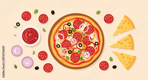 Top view of a delicious pepperoni pizza with various ingredients like sauce, cheese slices, and onions scattered around.