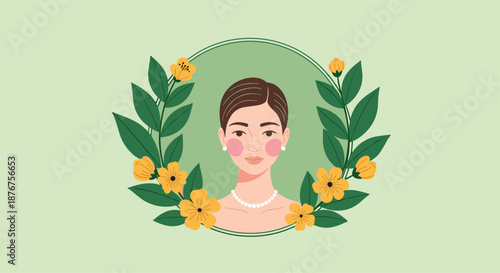 Elegant portrait of a beautiful woman wearing a pearl necklace and earrings surrounded by yellow flowers and green leaves in a circle.