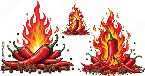 Set of 3 Red Chili Pepper and Fire Vector Illustrations