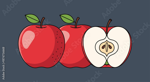 Still life illustration of three fresh red apples on a dark background with one fruit sliced in half to reveal the inner core and seeds.