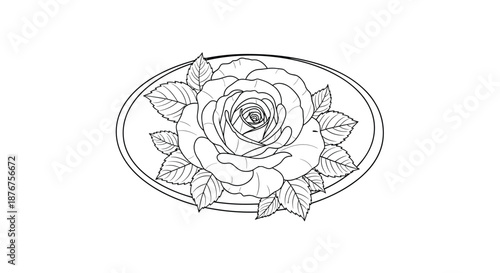 Detailed black and white line art illustration of a blooming rose flower with leaves set within a simple oval border for coloring or design.