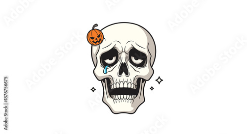 Humorous cartoon illustration of a sad crying skull wearing a tiny orange jack-o-lantern on its head with decorative stars around it.