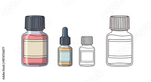 Collection of various glass medicine and essential oil bottles featuring different sizes and styles including colored and line art versions.