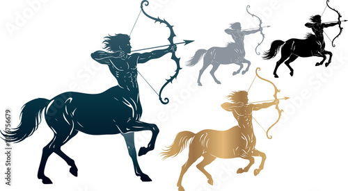Set of 5 Centaur Archer Silhouettes Vector Illustration