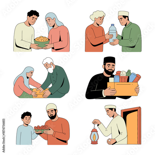 Compassionate Deeds: Illustrated scenes depict acts of kindness, generosity, and community support. A collection of diverse individuals extends helping hands, offering sustenance and assistance.