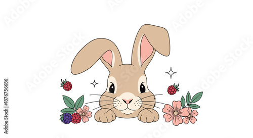 Adorable cartoon rabbit peeking over a white edge surrounded by beautiful pink flowers and delicious blackberries and raspberries.