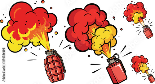 Set of 5 cartoon red smoke grenades and explosions vector