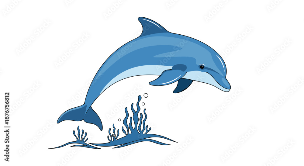 Fototapeta premium Happy blue dolphin jumping gracefully over ocean seaweed and coral reef elements isolated on a plain white background.