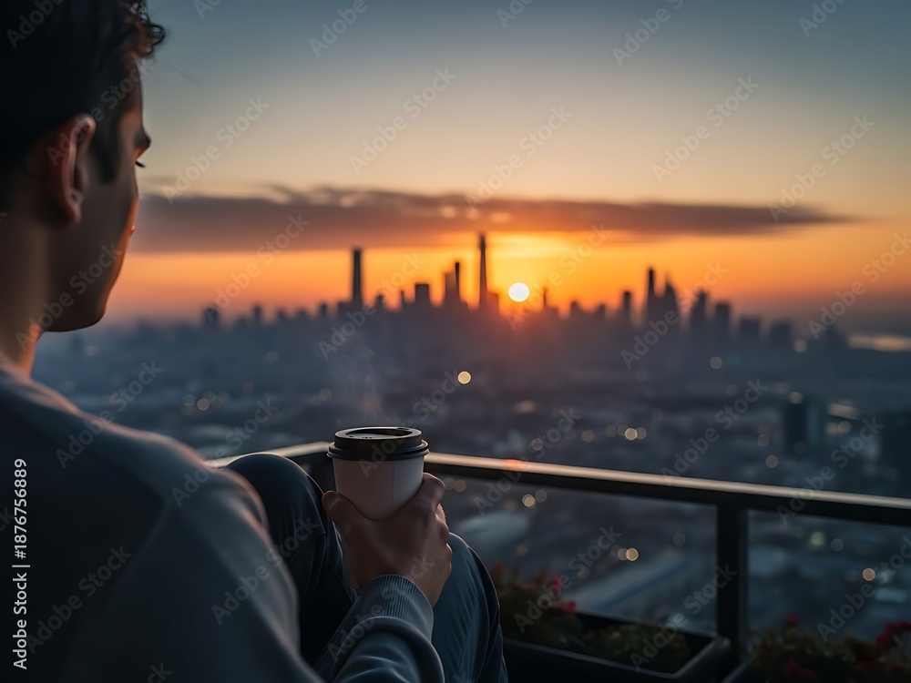 Obraz premium Man enjoying coffee on a balcony at sunrise.
