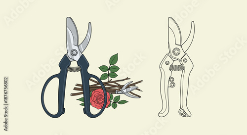 Professional pruning shears illustrated alongside rose flower and cut branches with line art version for garden tool.