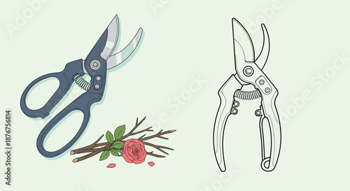 Pair of dark blue pruning shears next to a cut rose flower and small branches shown in color and line art versions.
