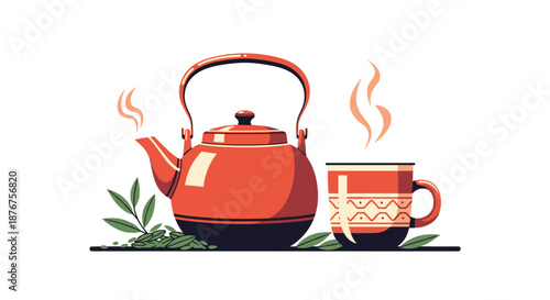 Red ceramic teapot and matching mug with steaming tea and green loose leaves on a tray for cozy beverage moments.