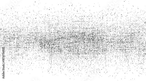 Dense digital noise texture with scattered small grey squares and thin lines creating a chaotic yet structured background effect