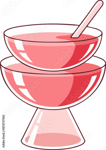 Cartoon graphic of layered pink dessert in vintage glass serving dish